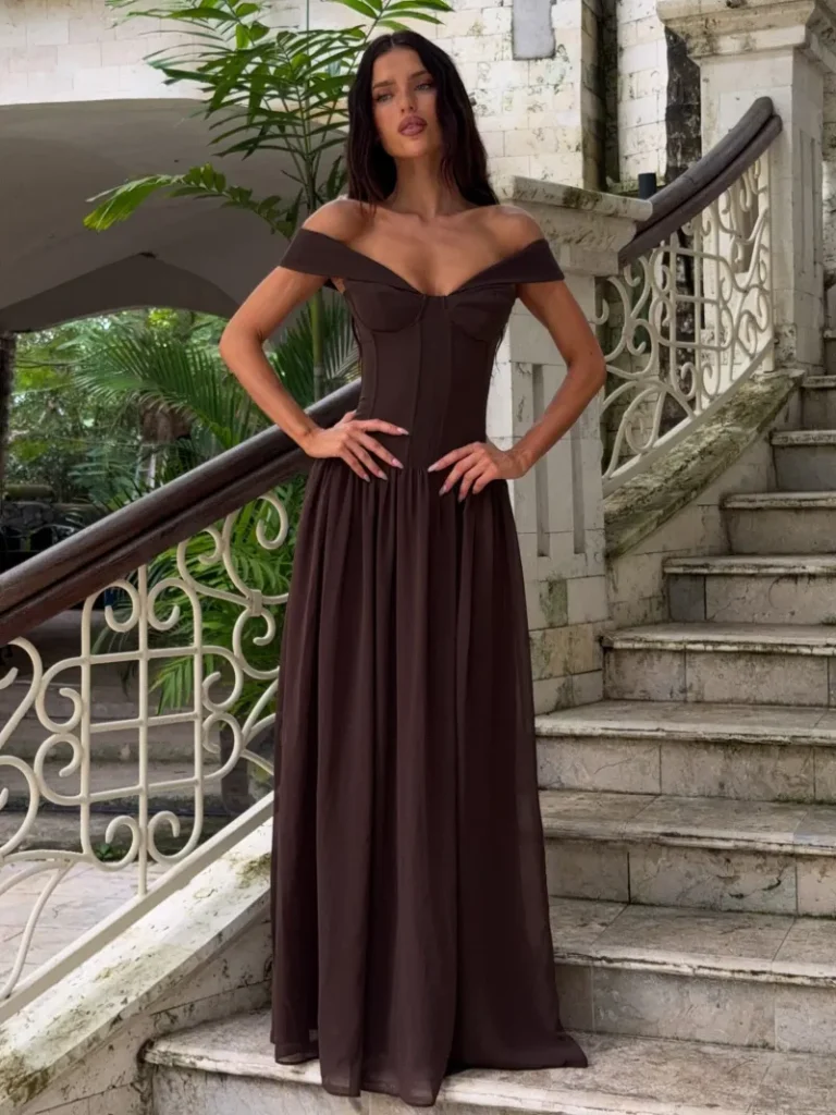 CHOCOLATE GATHERED CORSET MAXI DRESS
