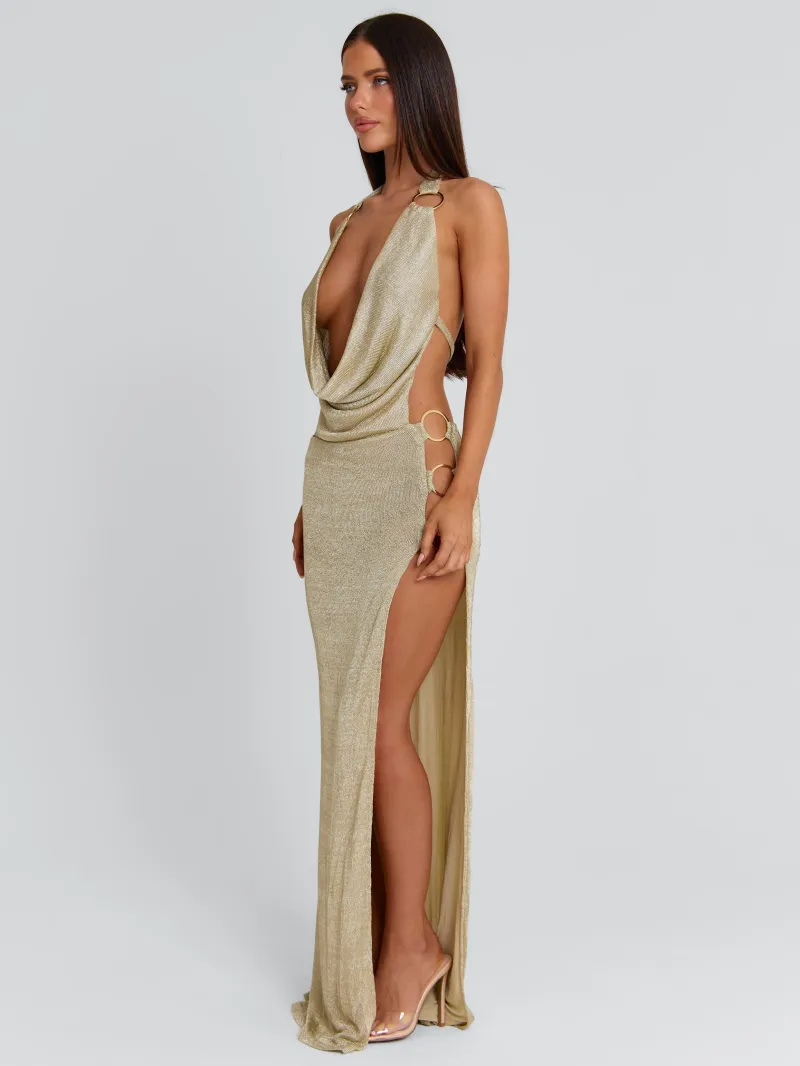 GOLD HALTER COWL MAXI DRESS - Image 5
