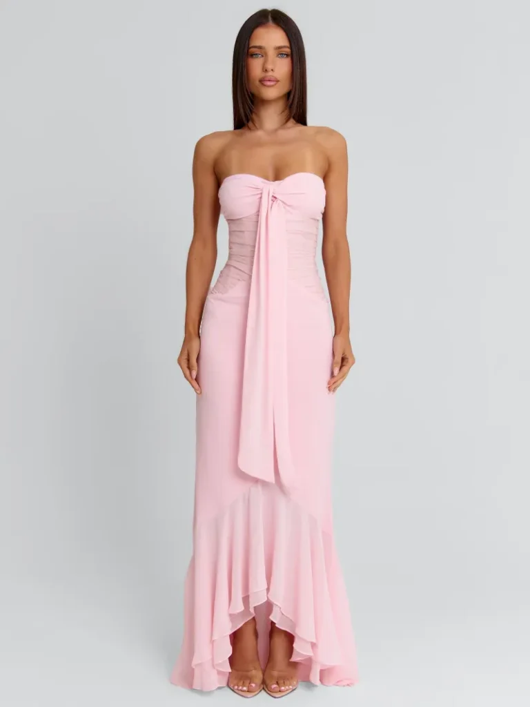 LIGHT PINK STRAPLESS TIE DETAIL MAXI DRESS