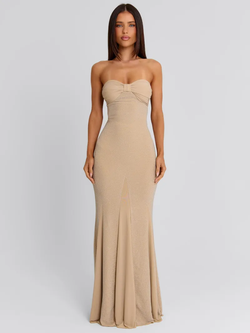 GOLD STRAPLESS MESH MAXI DRESS