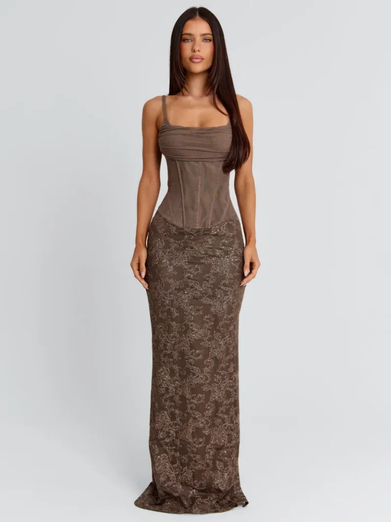 BROWN DRAPED CORSET MAXI DRESS