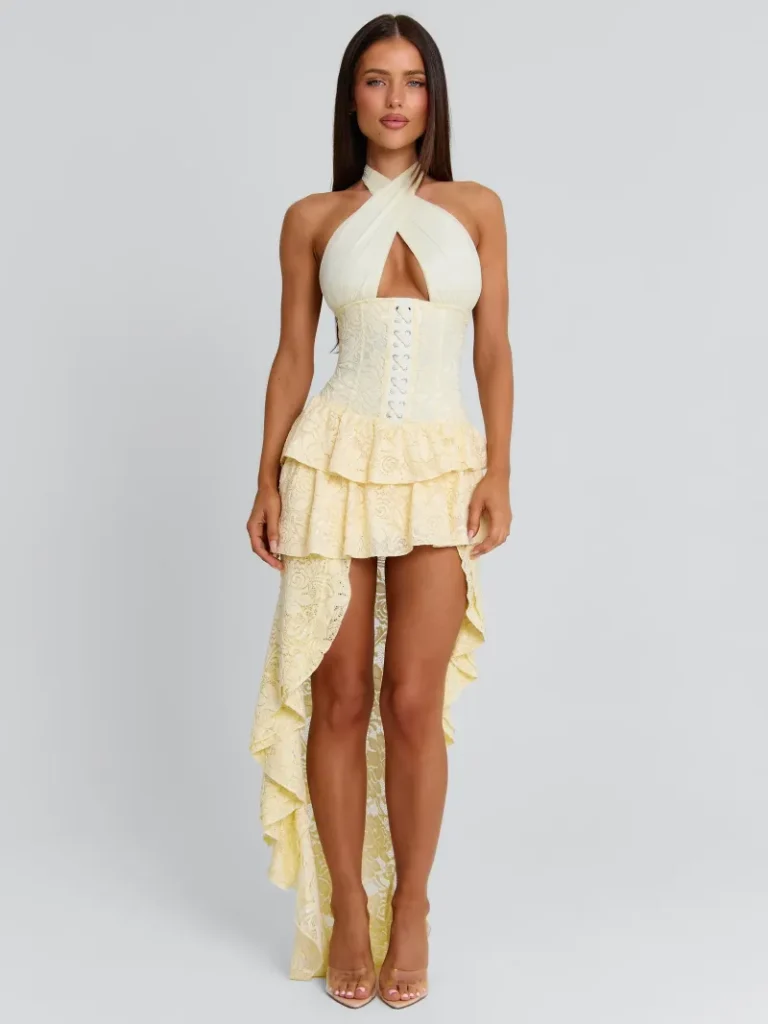 CREAM HALTER ASYMMETRIC MAXI DRESS
