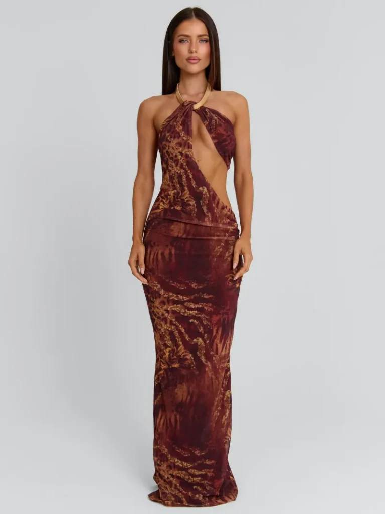 CUTOUT ASYMMETRIC MESH MAXI DRESS