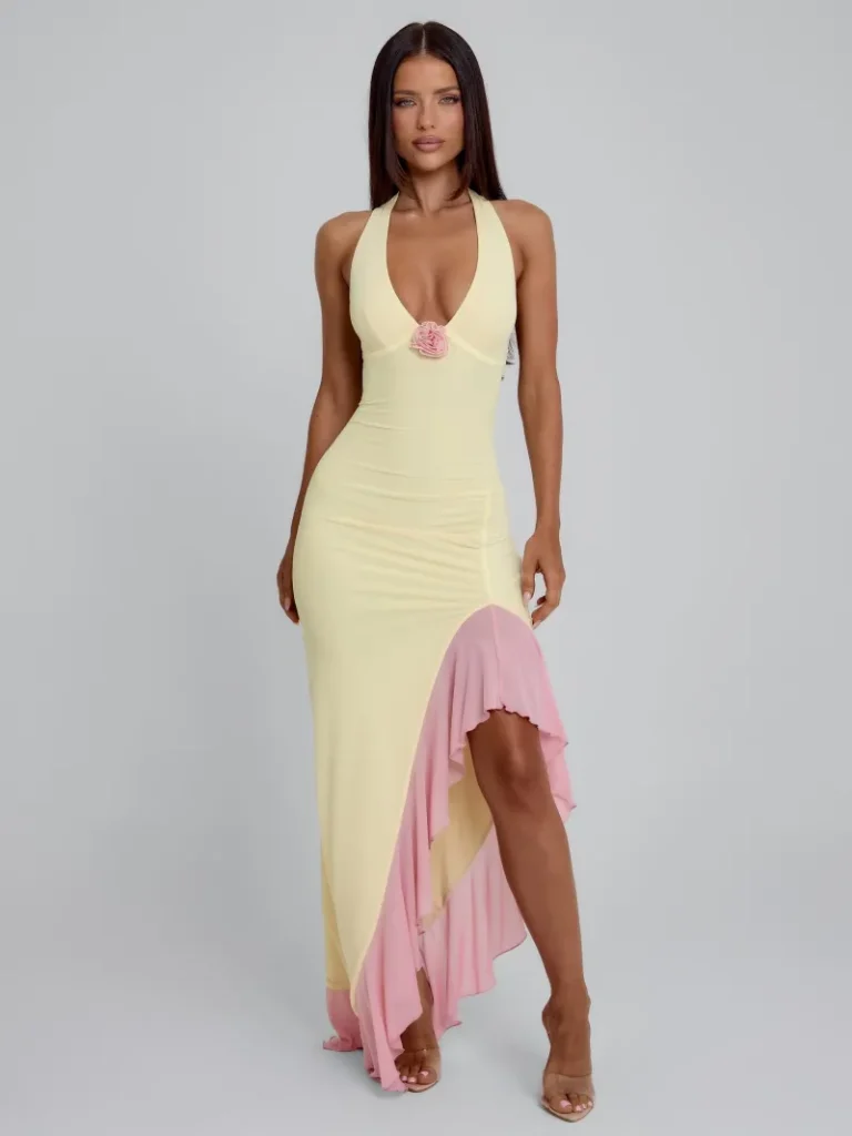 YELLOW HALTER FRILL MAXI DRESS