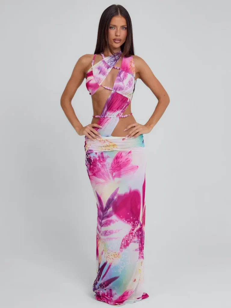 CUTOUT ASYMMETRIC RUCHED MAXI DRESS
