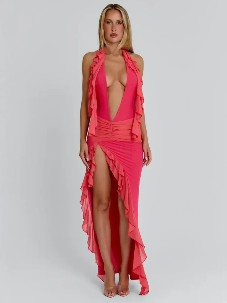 CORAL HALTER PLUNGE MAXI DRESS