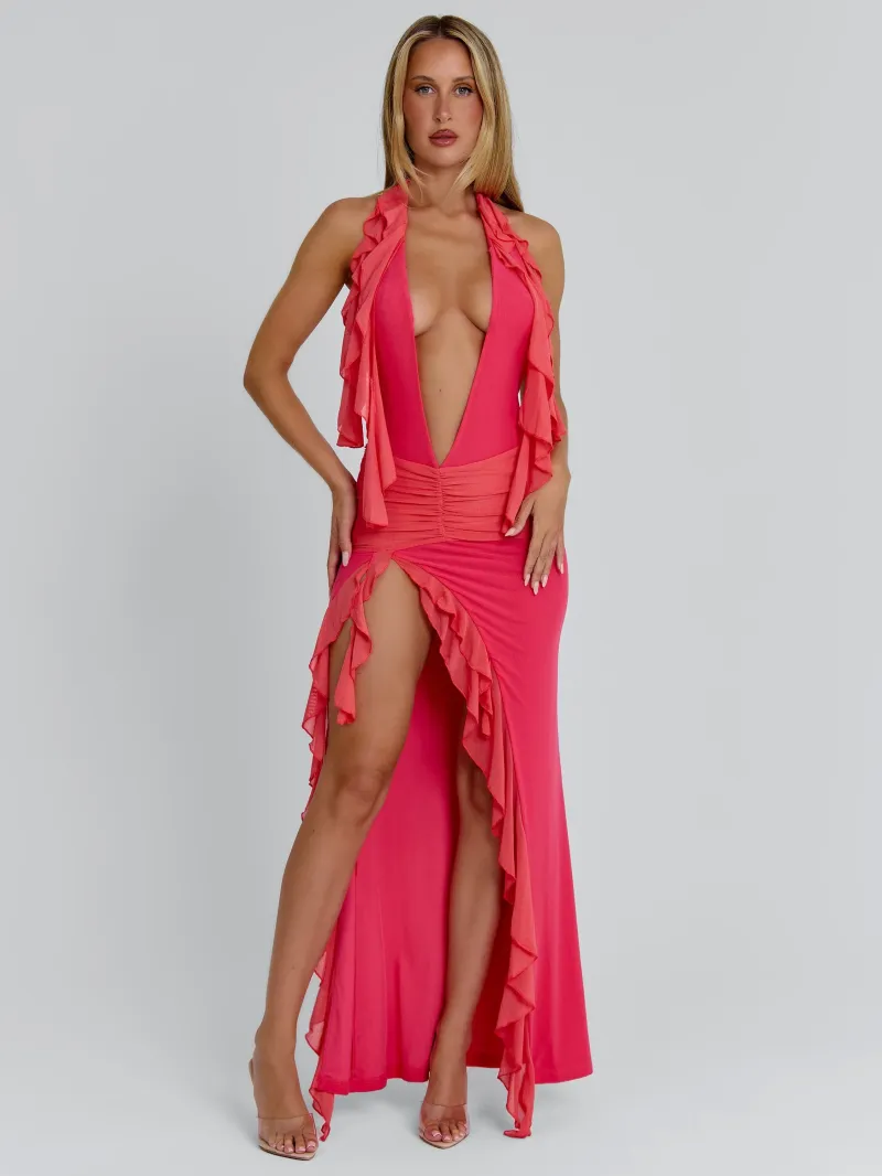 CORAL HALTER PLUNGE MAXI DRESS - Image 3