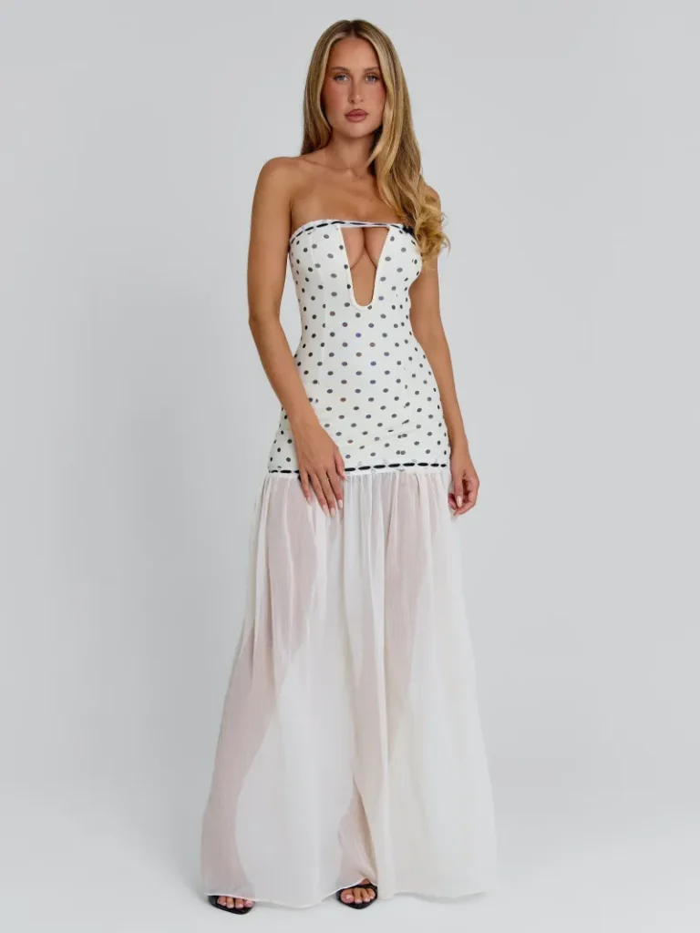 CREAM POLKA DOT STRAPLESS MESH MAXI DRESS