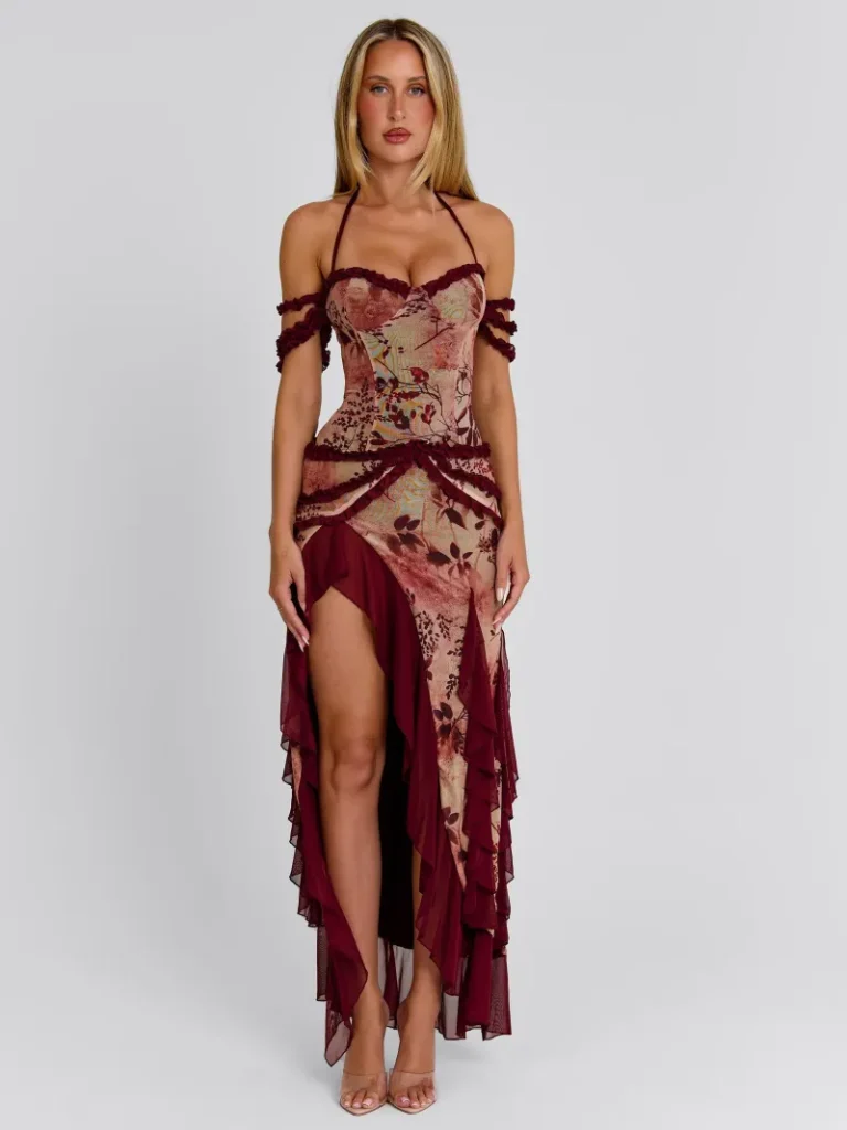 HALTER RUFFLE FLOUNCE MAXI DRESS
