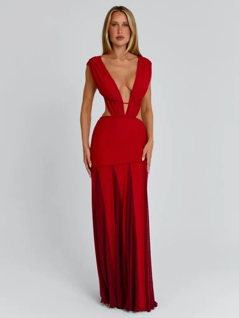 RED OPEN BACK CUTOUT MAXI DRESS