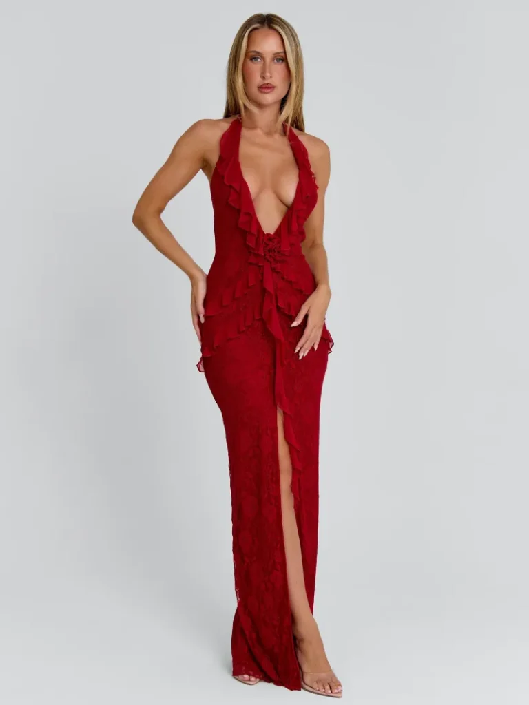 RED HALTER PLUNGE MAXI DRESS