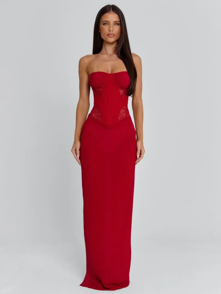 RED UNDERWIRE LACE MAXI DRESS