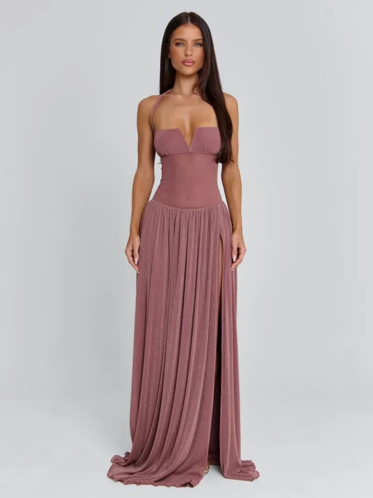 MAUVE DRAPED MESH MAXI DRESS