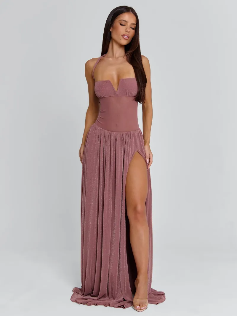 MAUVE DRAPED MESH MAXI DRESS - Image 2