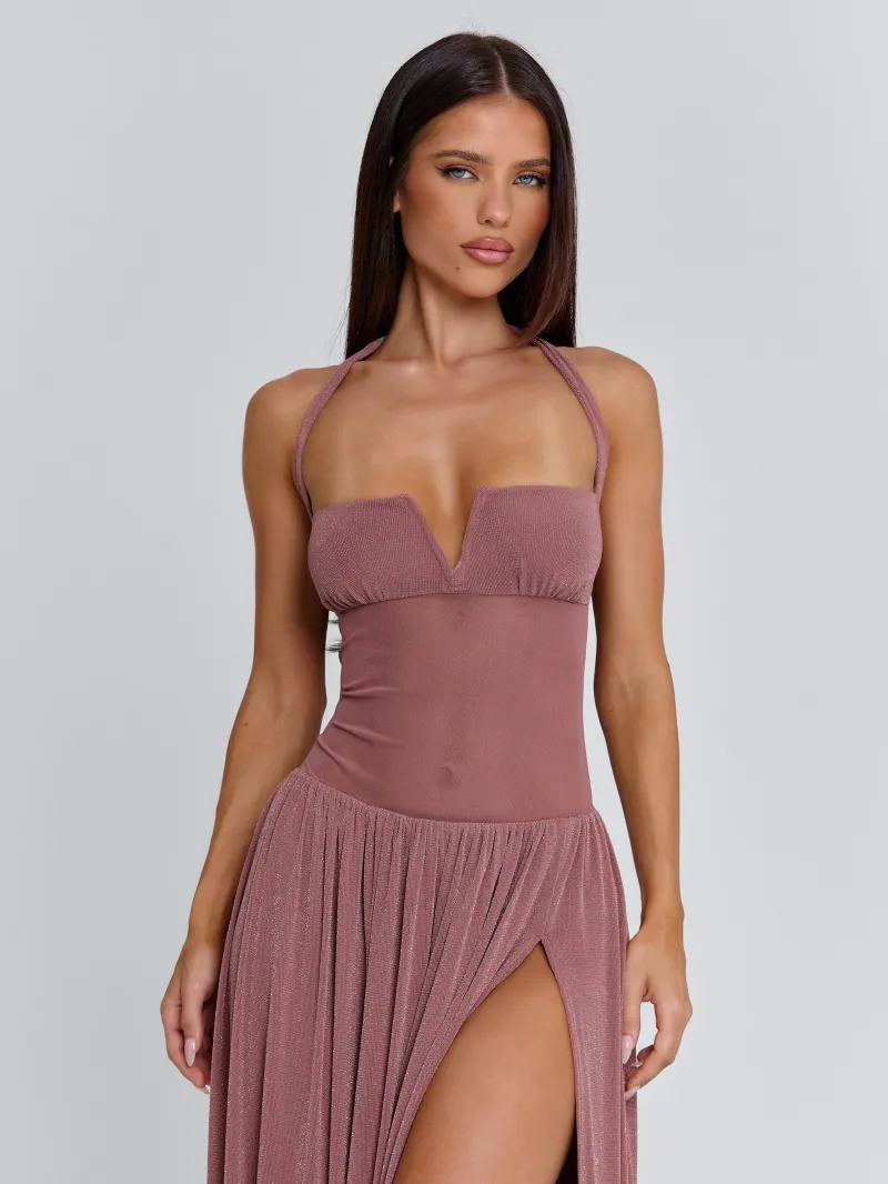 MAUVE DRAPED MESH MAXI DRESS - Image 3