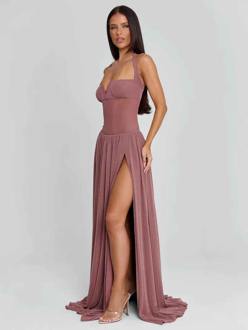 MAUVE DRAPED MESH MAXI DRESS - Image 4