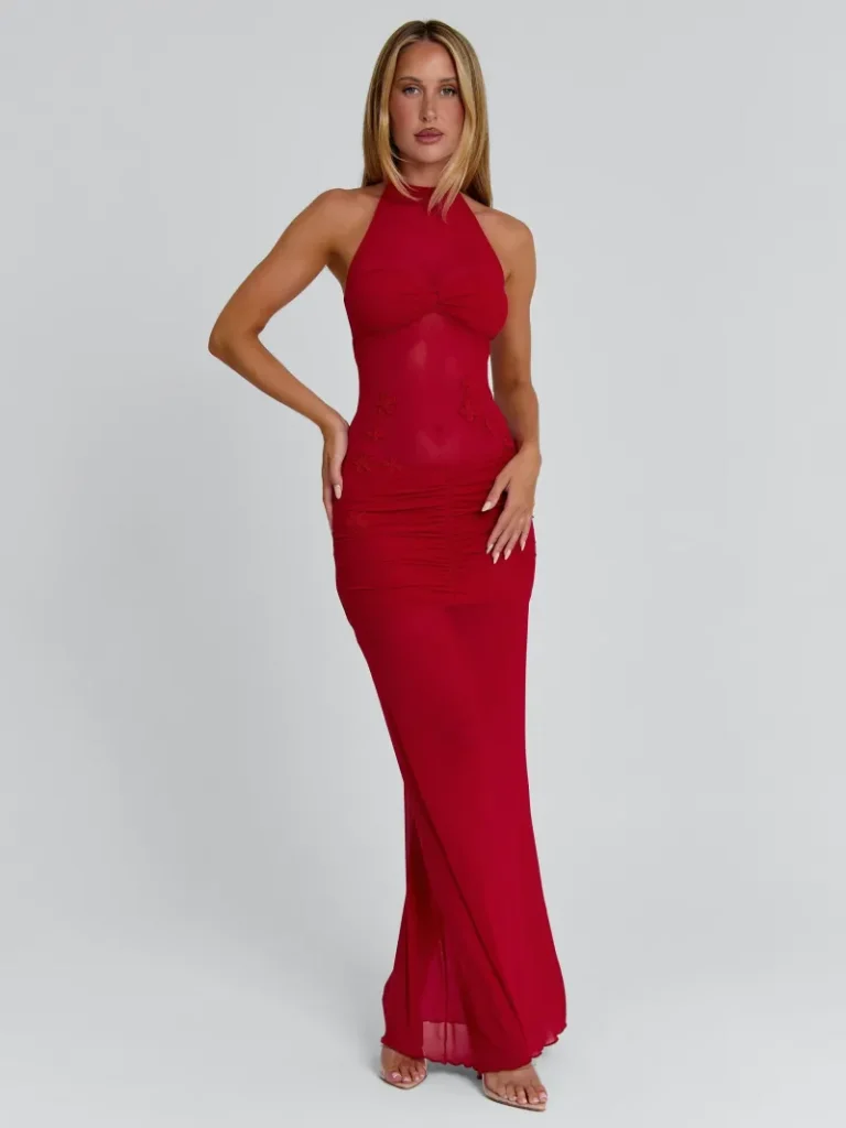 RED OPEN BACK HALTER MAXI DRESS