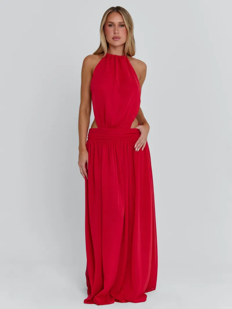 RED OPEN BACK GEORGETTE MAXI DRESS