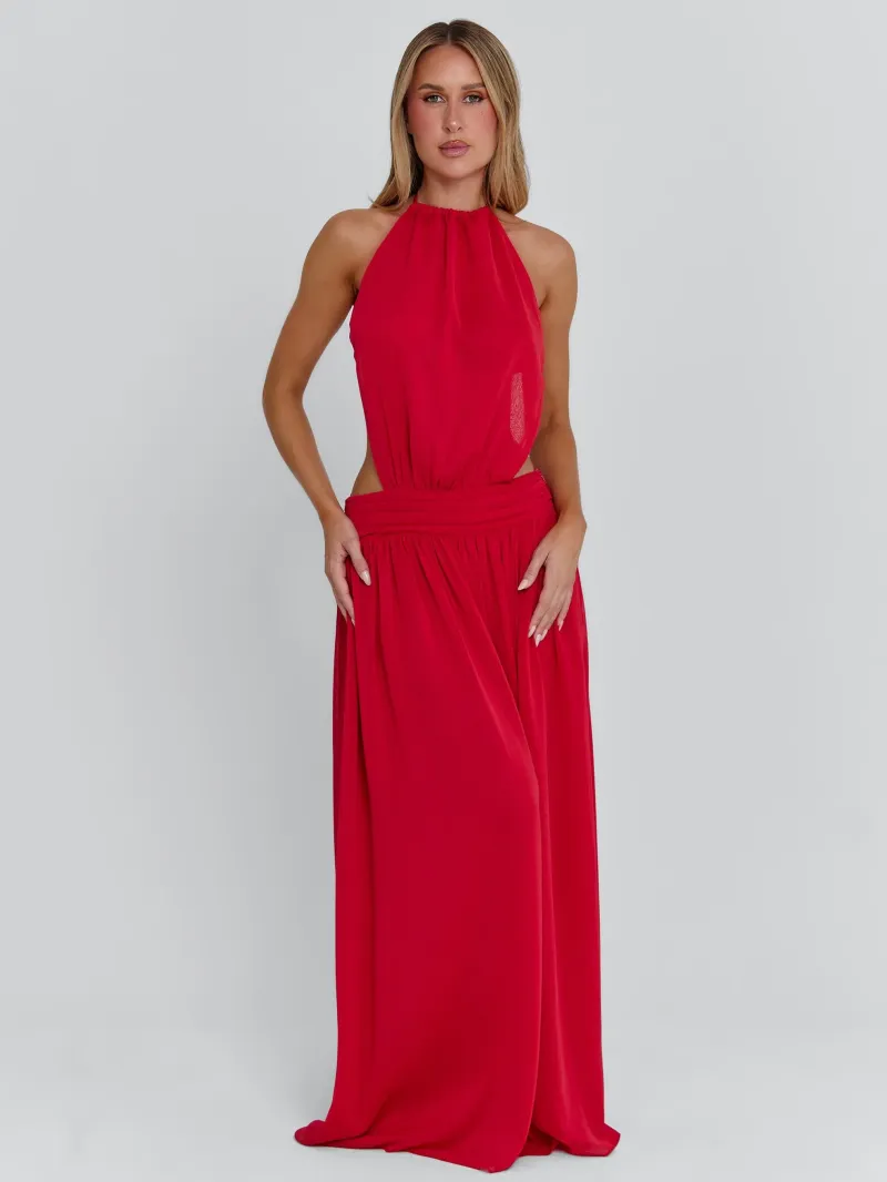 RED OPEN BACK GEORGETTE MAXI DRESS - Image 3
