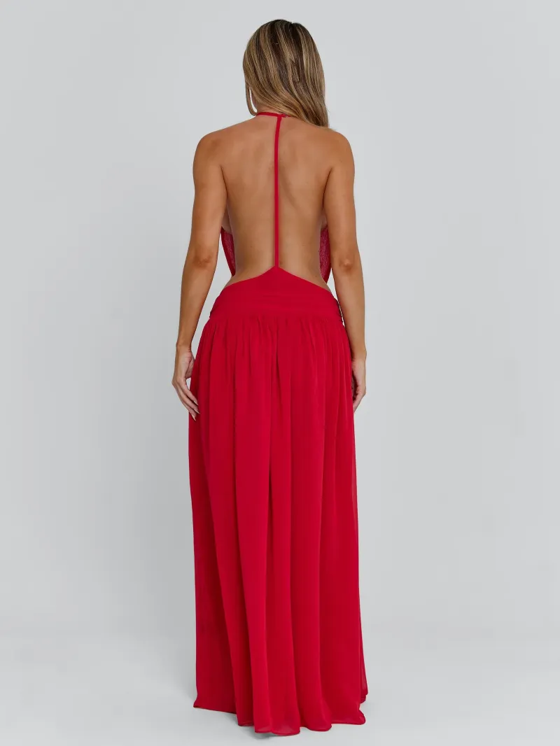 RED OPEN BACK GEORGETTE MAXI DRESS - Image 4