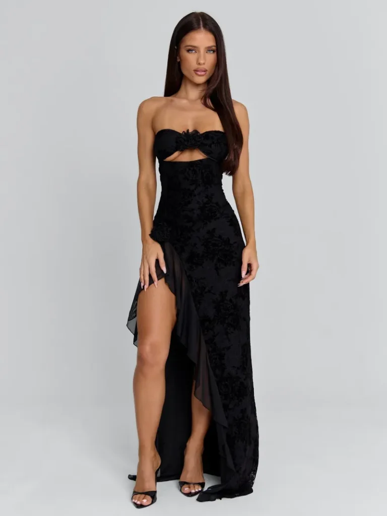 BLACK STRAPLESS FLOUNCE MAXI DRESS