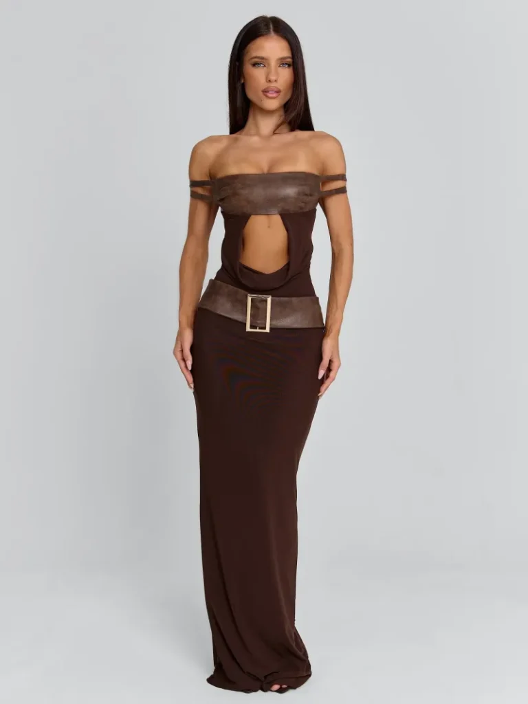 BROWN COWL HARDWARE MAXI DRESS