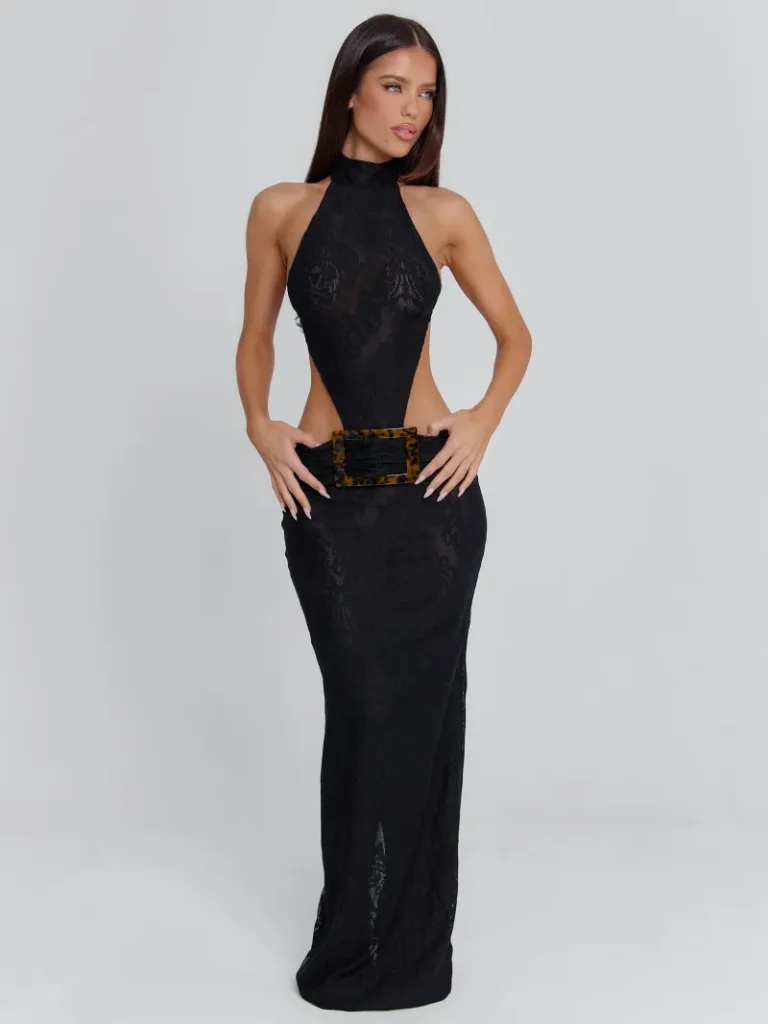 BLACK GATHERED BUCKLE MAXI DRESS