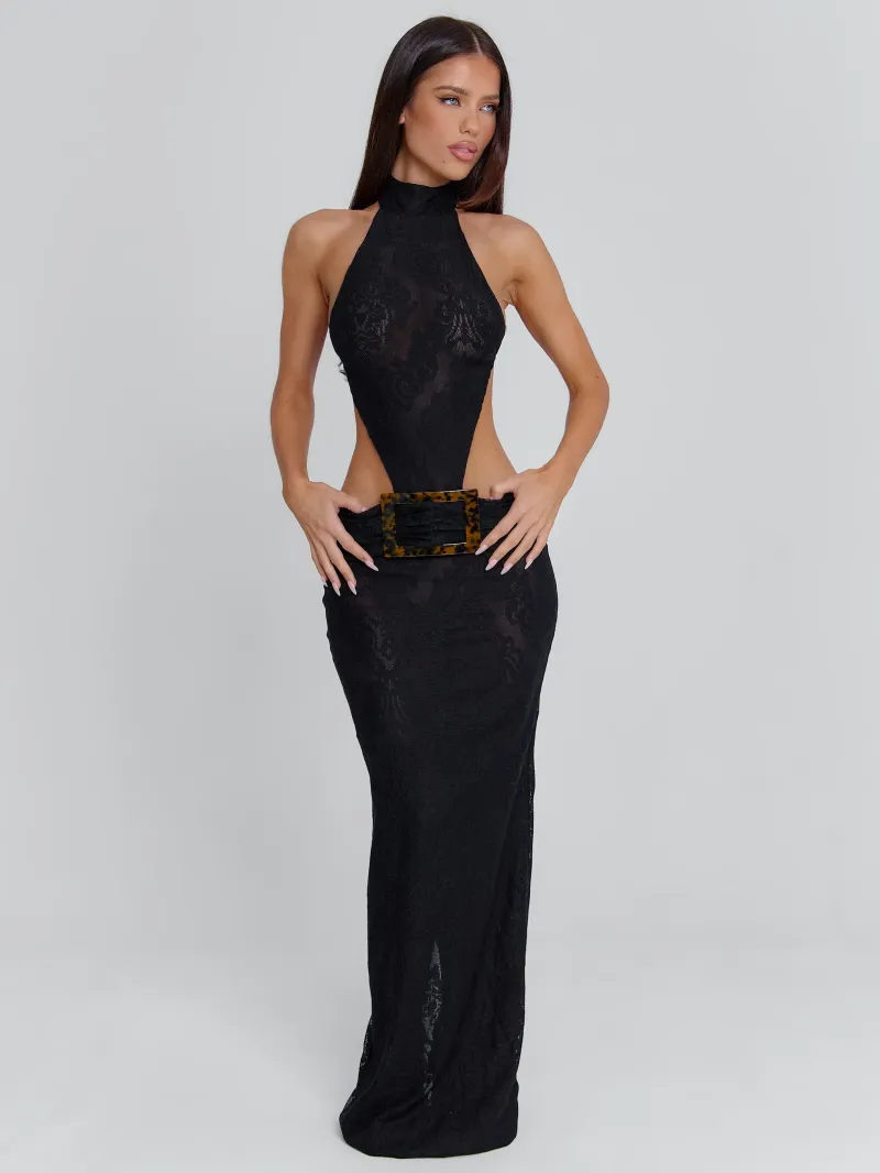 BLACK GATHERED BUCKLE MAXI DRESS