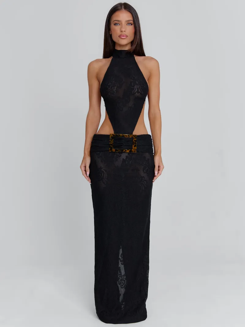 BLACK GATHERED BUCKLE MAXI DRESS - Image 3