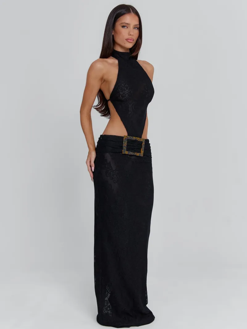 BLACK GATHERED BUCKLE MAXI DRESS - Image 5