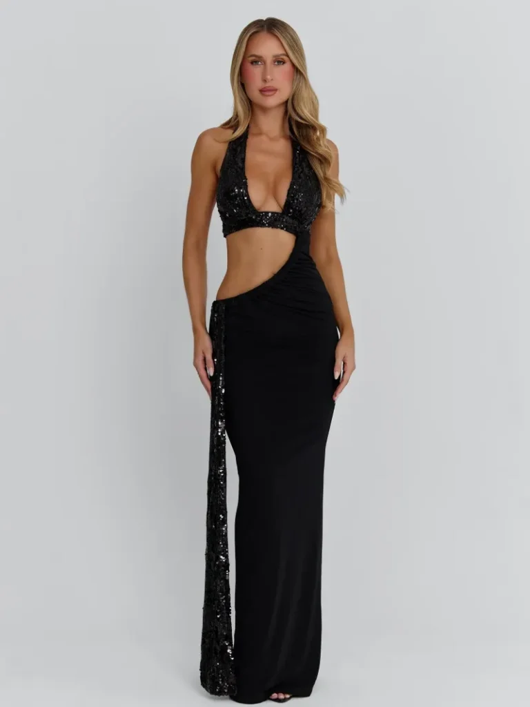 BLACK CUTOUT HALTER MAXI DRESS