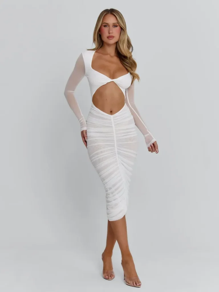 WHITE CUTOUT GATHERED MAXI DRESS