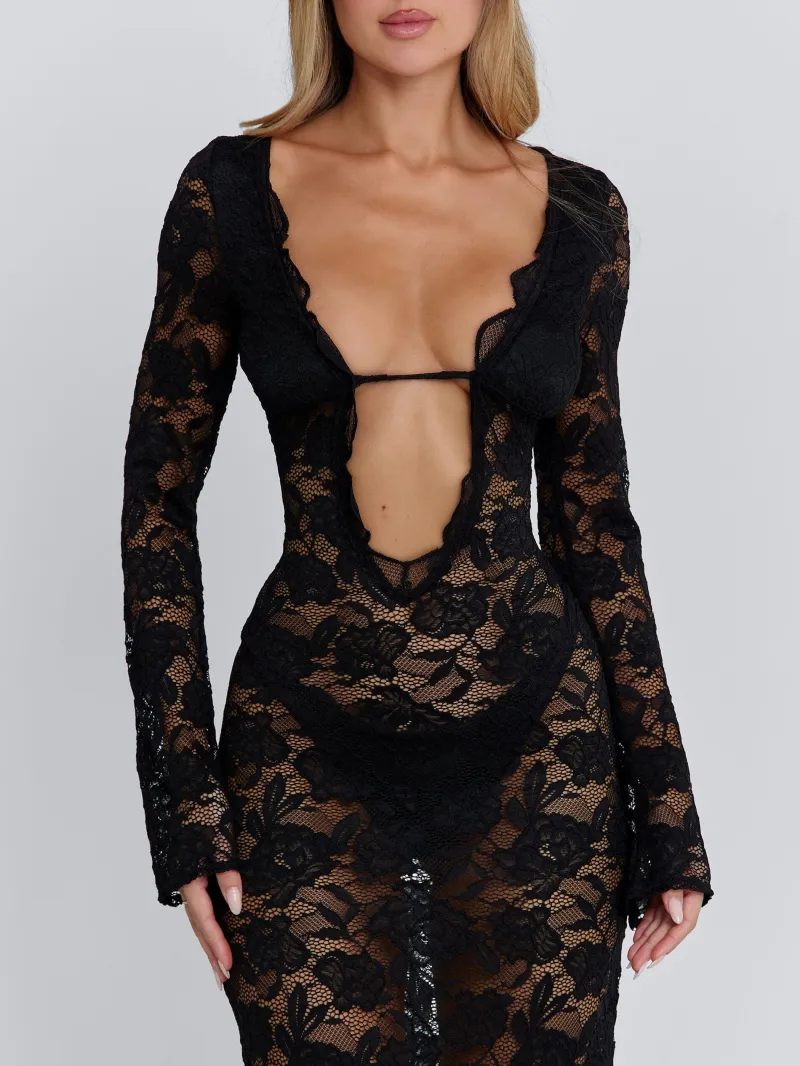 BLACK PLUNGE LONG SLEEVE MAXI DRESS - Image 4