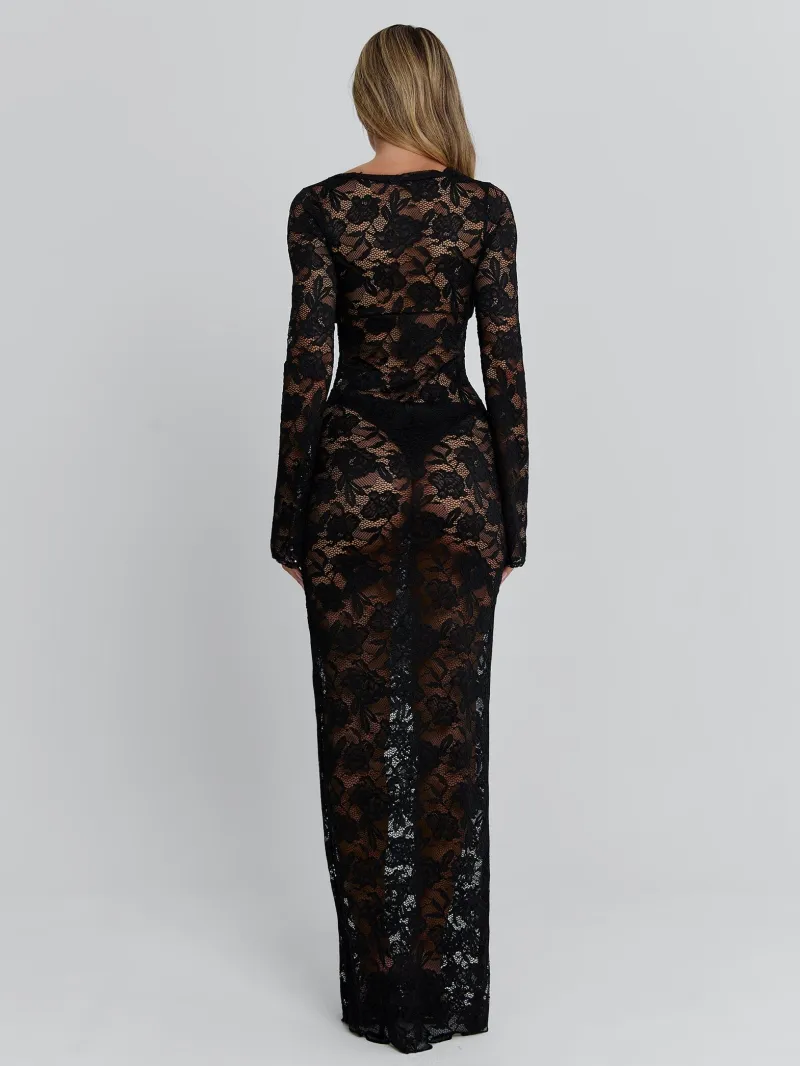 BLACK PLUNGE LONG SLEEVE MAXI DRESS - Image 5