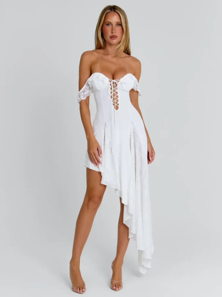 WHITE ASYMMETRIC MESH MAXI DRESS