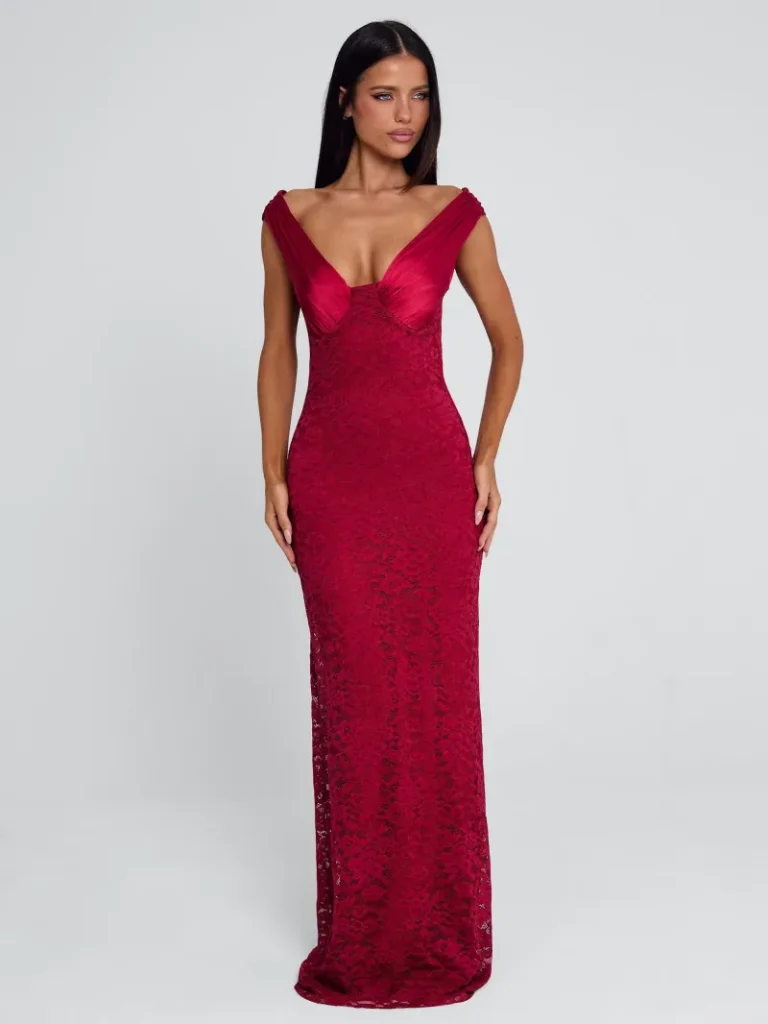 RED OPEN BACK DRAPED MAXI DRESS