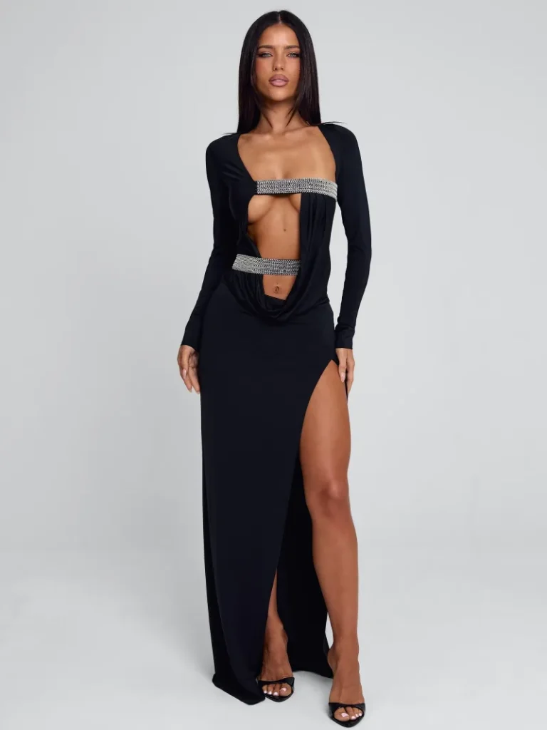 BLACK CUTOUT COWL MAXI DRESS