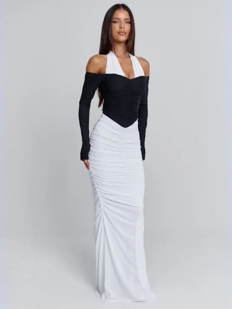 WHITE BLACK OPEN BACK HALTER MAXI DRESS