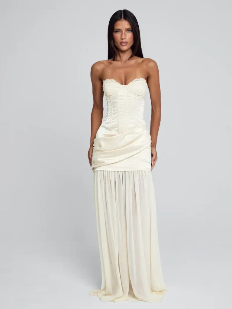 IVORY STRAPLESS GATHERED MAXI DRESS