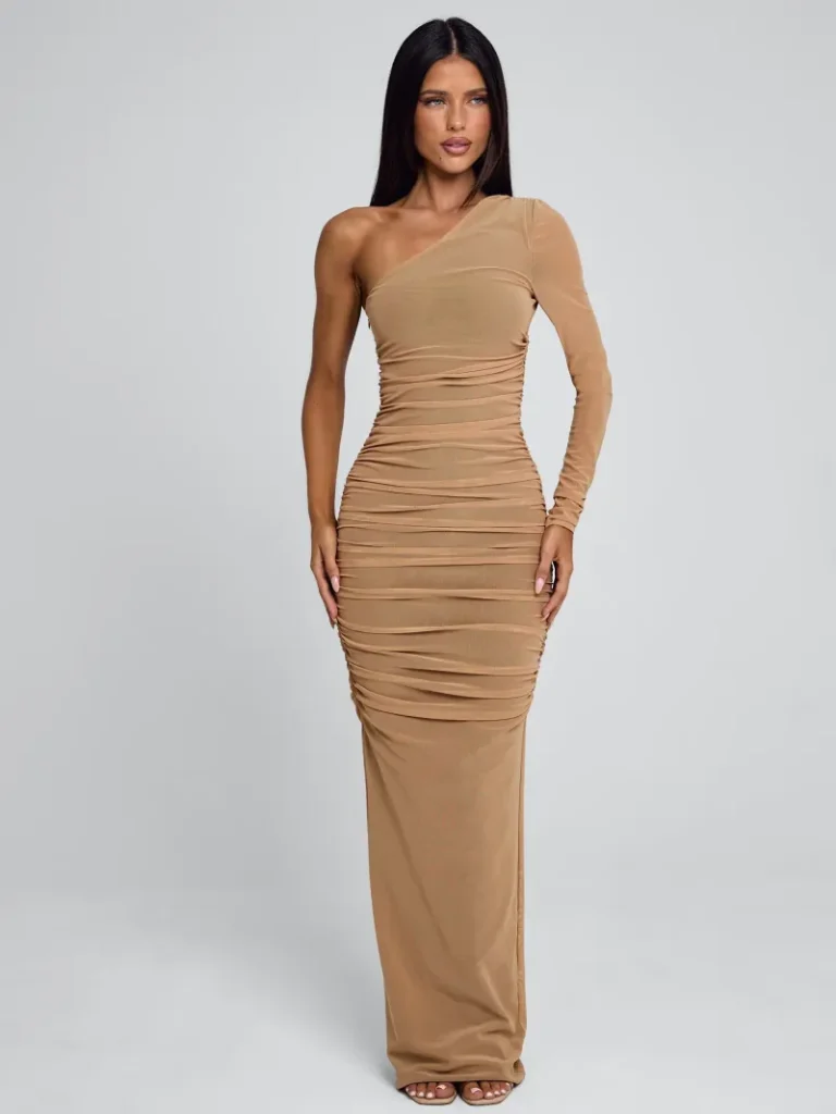 TAN ASYMMETRIC GATHERED MAXI DRESS