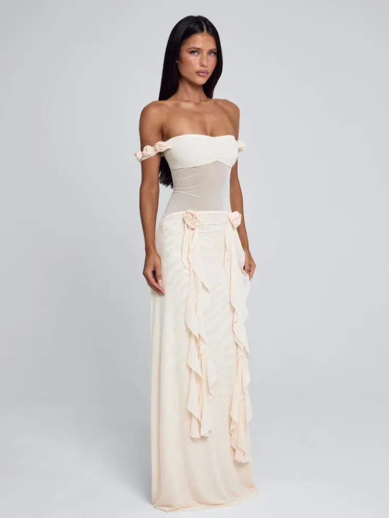 BEIGE FLOUNCE CORSET MAXI DRESS