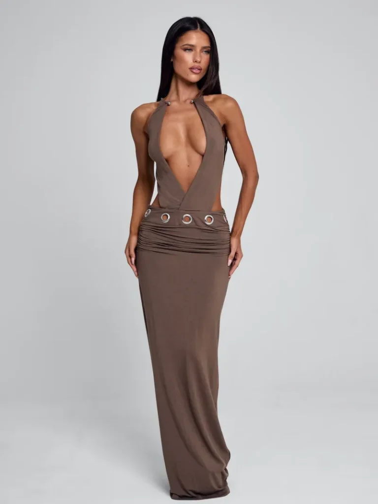 BROWN HALTER PLUNGE MAXI DRESS
