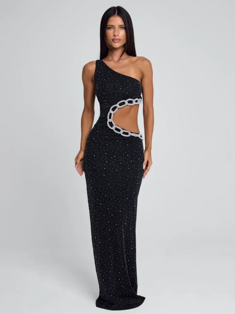 BLACK CUTOUT CHAIN MAXI DRESS