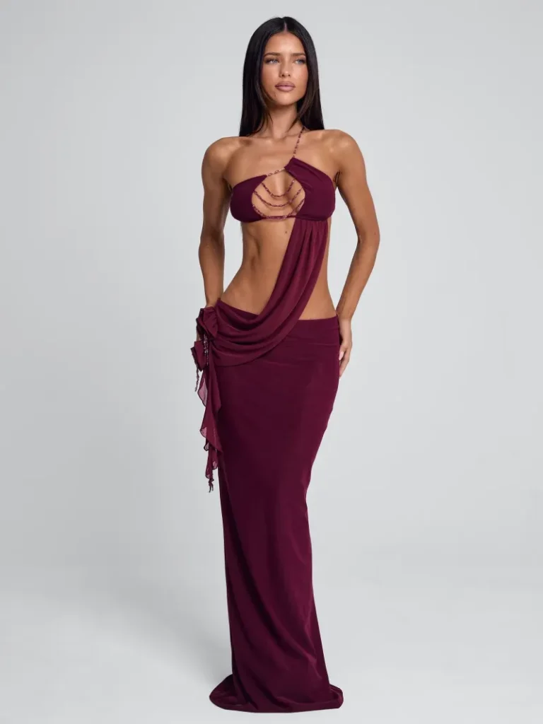 BURGUNDY ASYMMETRIC DRAPED MAXI DRESS