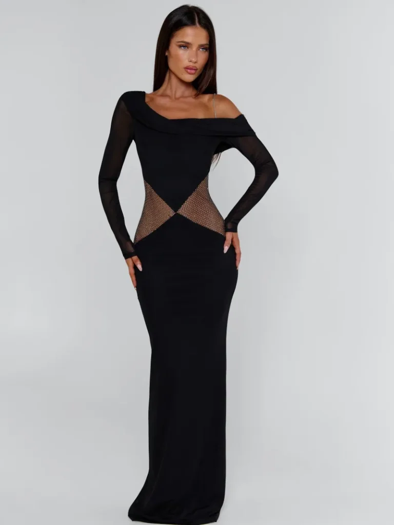 BLACK ASYMMETRIC LONG SLEEVE MAXI DRESS