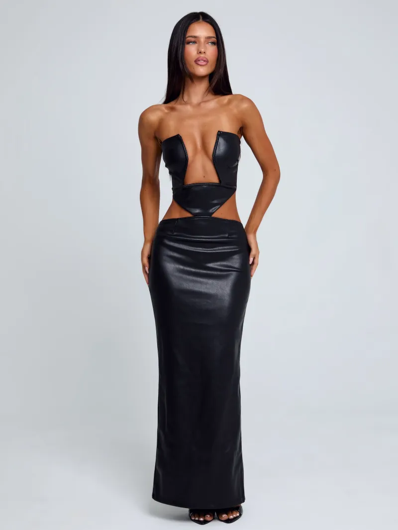 MIDI BLACK CUTOUT PLUNGE MAXI DRESS - Image 4