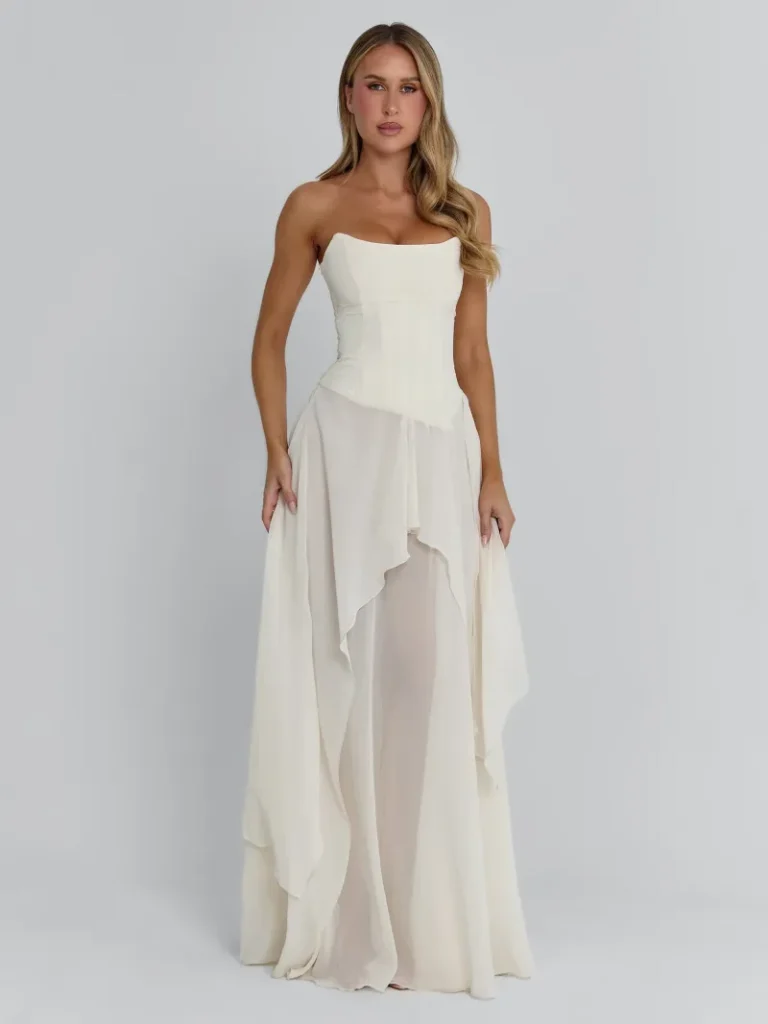 IVORY DRAPED TIE DETAIL MAXI DRESS