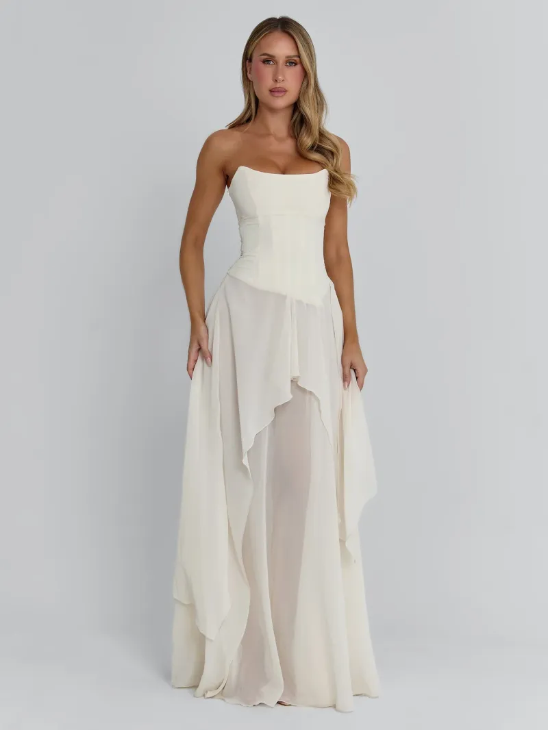 IVORY DRAPED TIE DETAIL MAXI DRESS