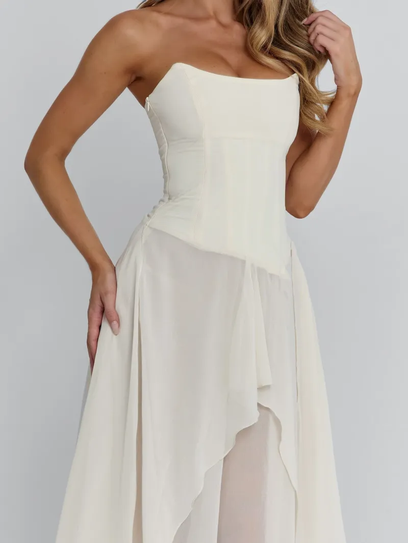 IVORY DRAPED TIE DETAIL MAXI DRESS - Image 3