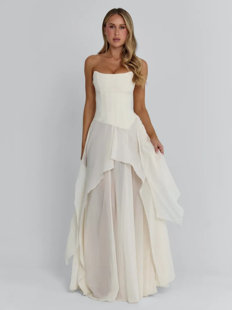 IVORY DRAPED TIE DETAIL MAXI DRESS - Image 5